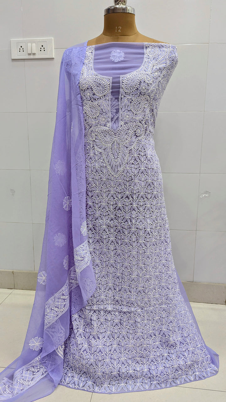 Unstitched Georgette Chikankari Dress Material | Hand Embroidered Kurta, Bottom & Dupatta