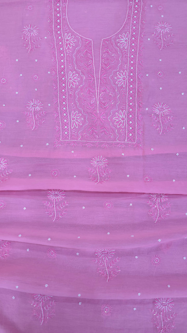 Hiba Premium Mul Chanderi Supersoft Dyeable Chikankari Dress Material | Hand Embroidered with Pearls & Cutdaana | Kurta & Dupatta Set