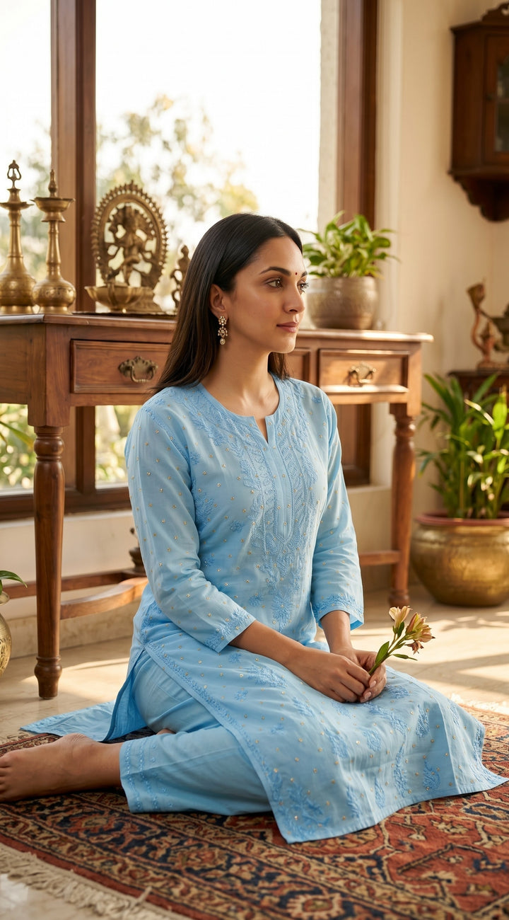 Kiara Chikankari Chanderi Golden Zari Buti Kurti for Women | Soft Non-Transparent | Paridhan Chikan