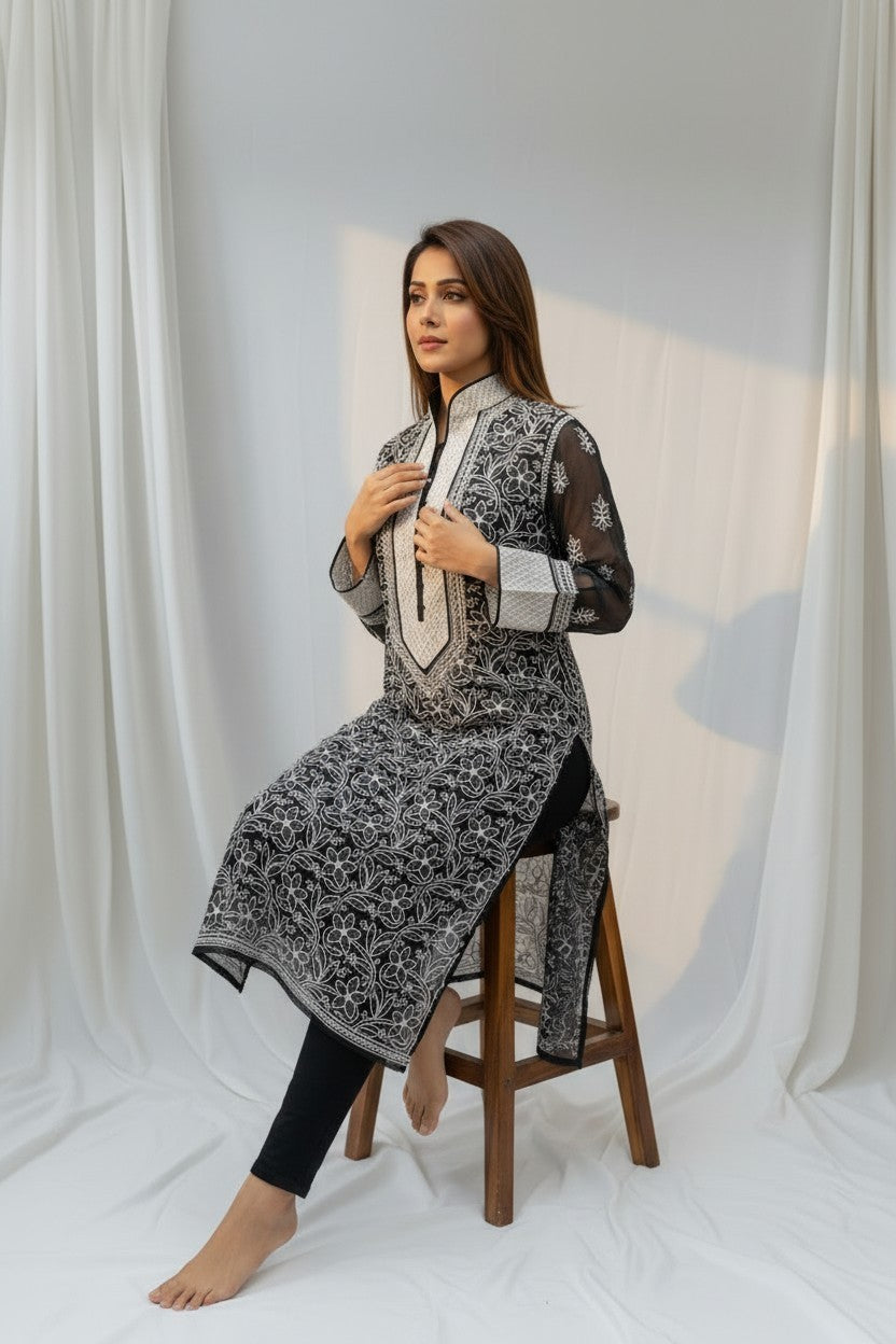 Women’s Georgette Chikankari Kurti – Designer Hand Embroidered Lucknowi Craft by Paridhan Chikan