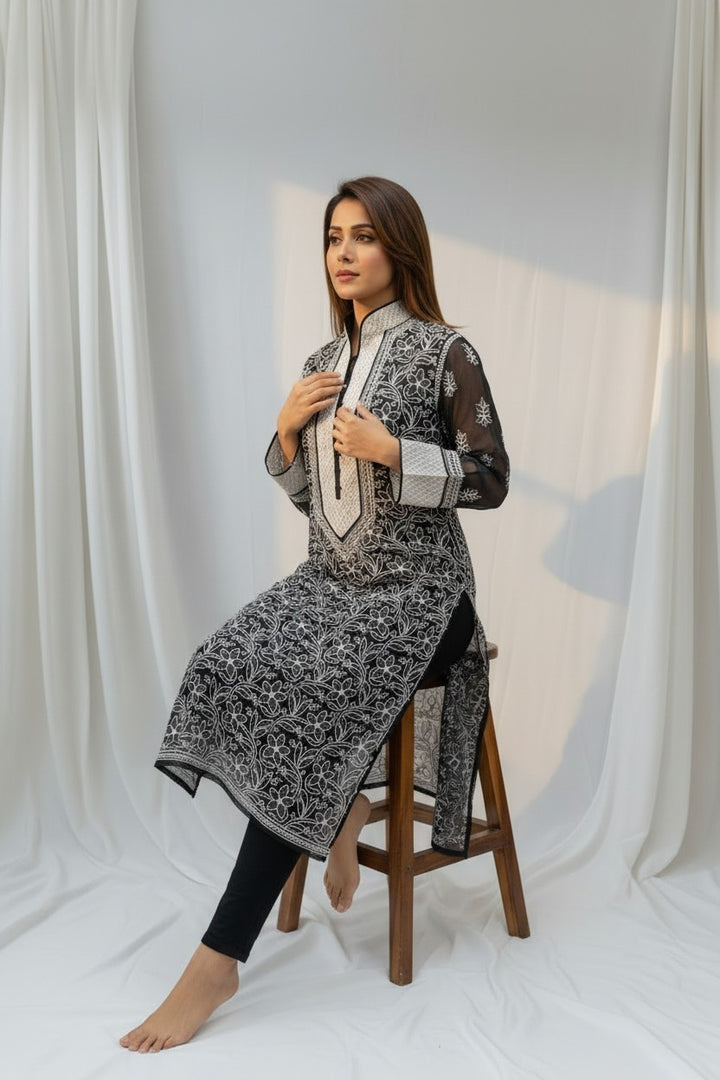 Women’s Georgette Chikankari Kurti – Designer Hand Embroidered Lucknowi Craft by Paridhan Chikan