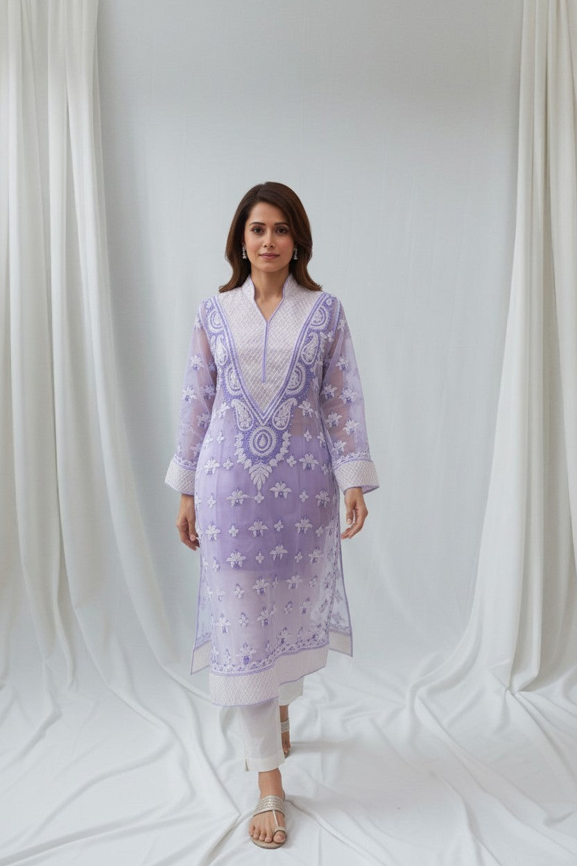 Women’s Georgette Chikankari Kurti – Designer Hand Embroidered Lucknowi Craft by Paridhan Chikan