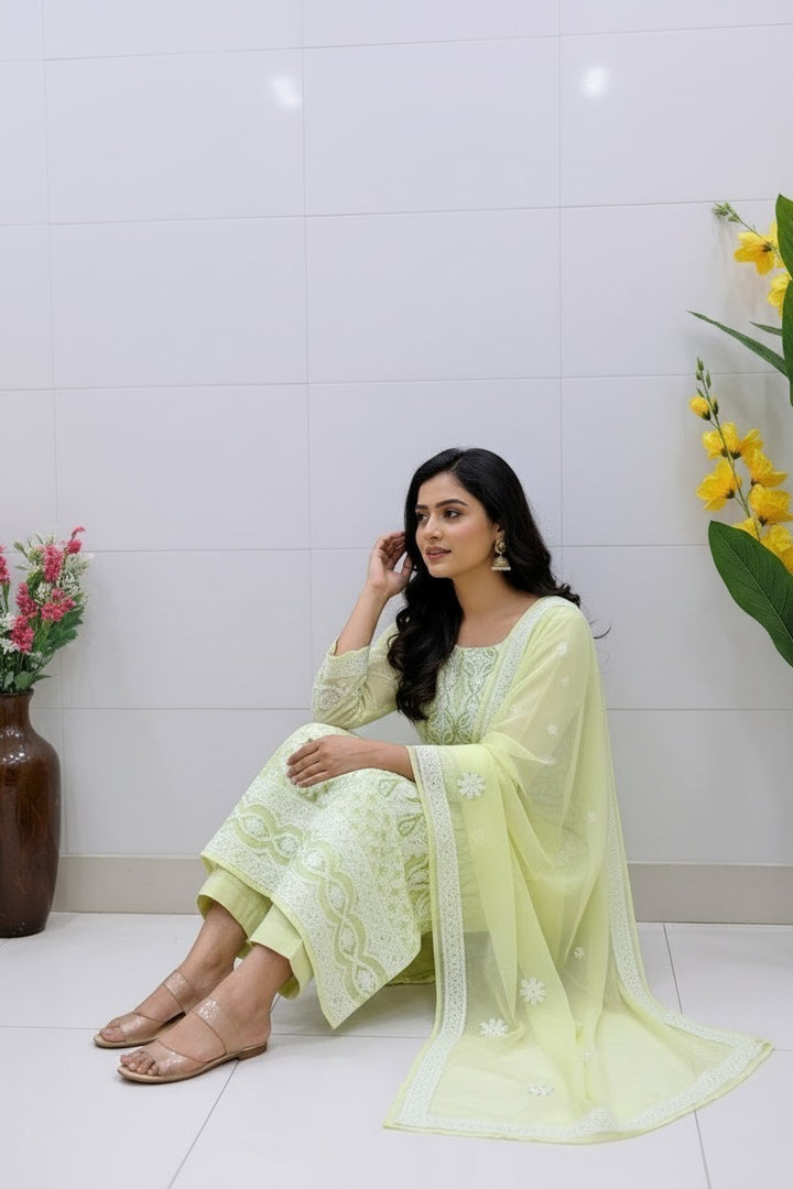 Unstitched Georgette Chikankari Dress Material | Hand Embroidered Kurta, Bottom & Dupatta