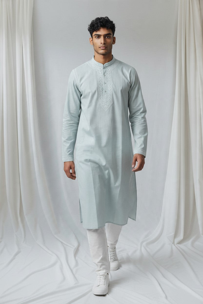 Polo Cotton hand embroidered Men's chikankari kurta-grey