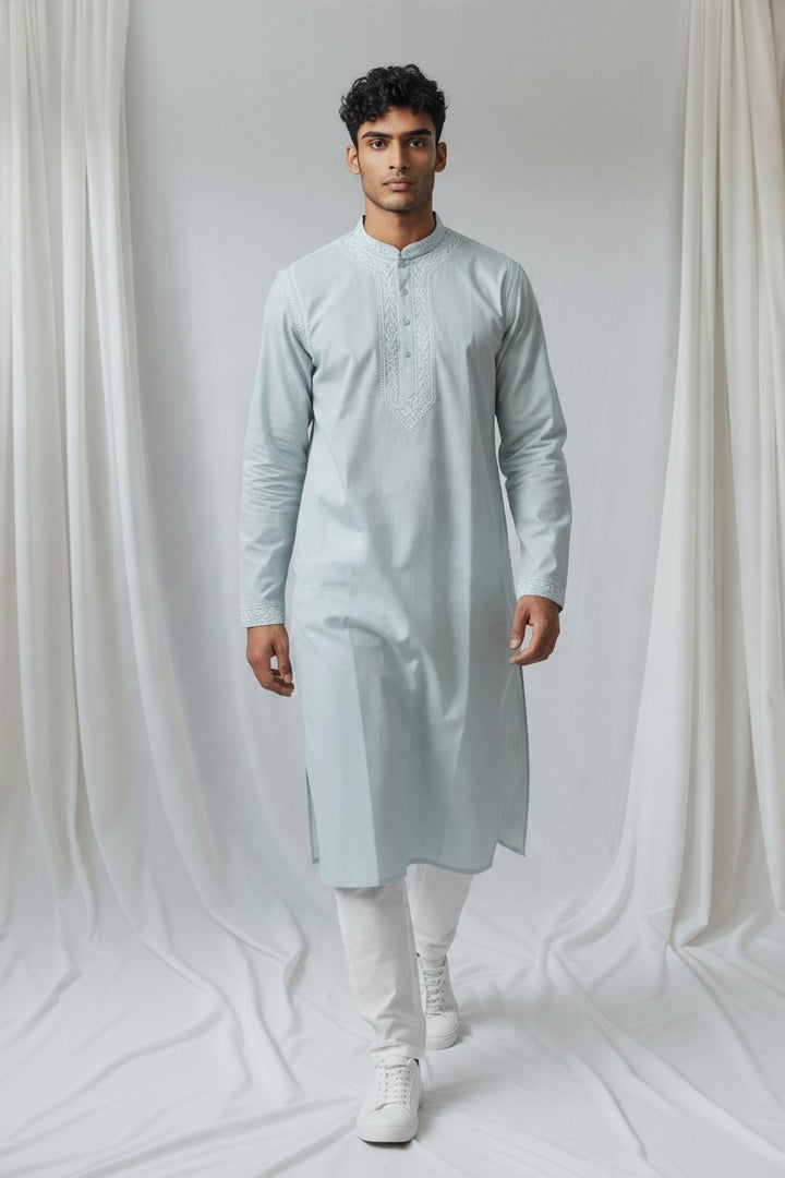 Polo Cotton hand embroidered Men's chikankari kurta-grey