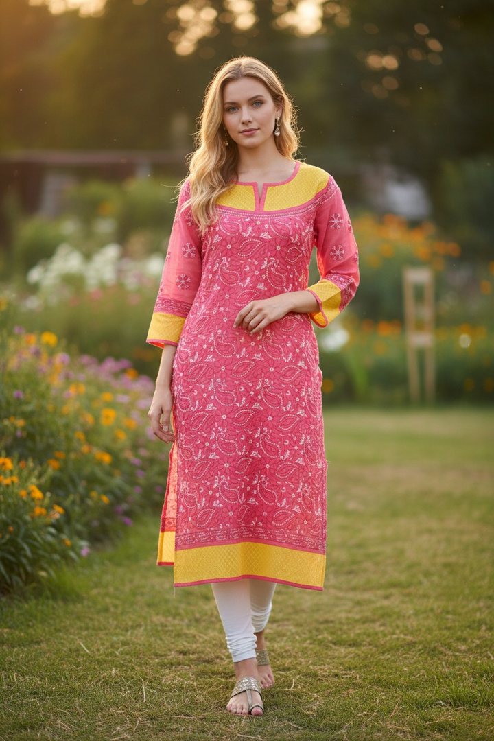 Cotton Chikankari Hand Embroidered Kurti for Women | Premium  | 48 Inch approx Length | Lucknowi Chikan Kurta