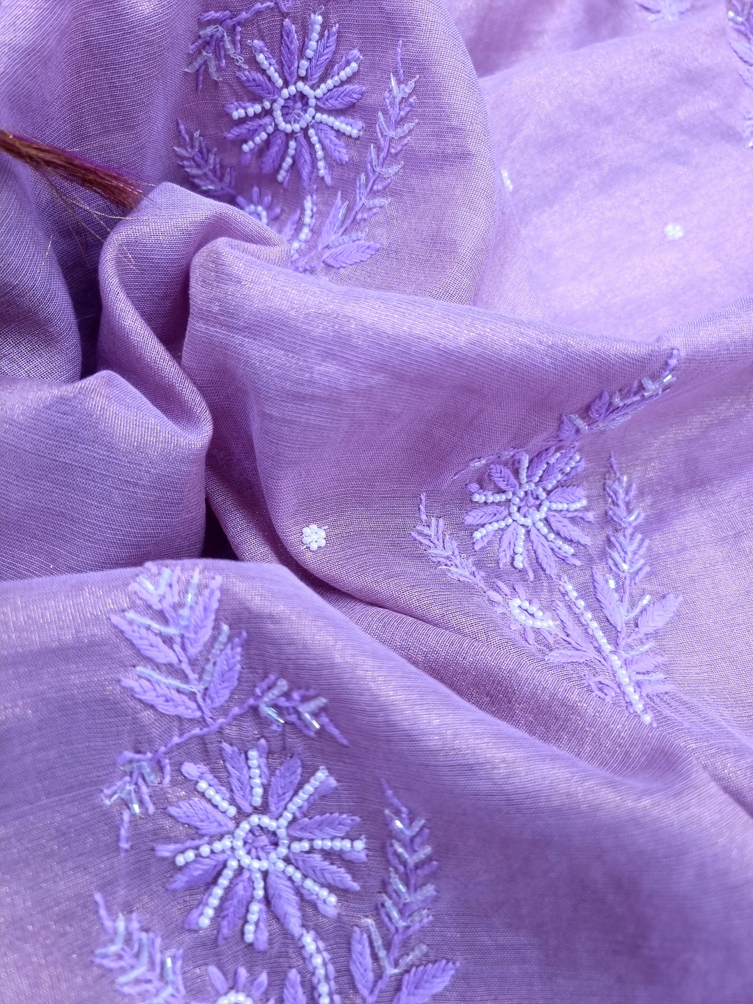 Soft Tissue Chikankari Unstitched Dress Material | 3 Taar Hand Embroidery with Pearl & Cutdana Work + Golden Border Dupatta