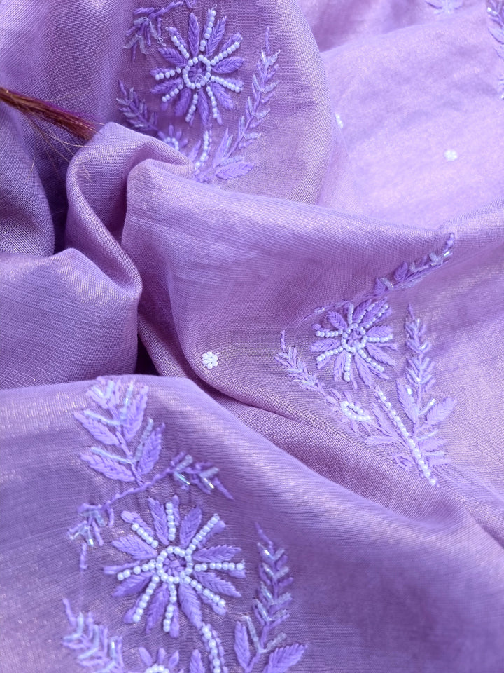 Soft Tissue Chikankari Unstitched Dress Material | 3 Taar Hand Embroidery with Pearl & Cutdana Work + Golden Border Dupatta