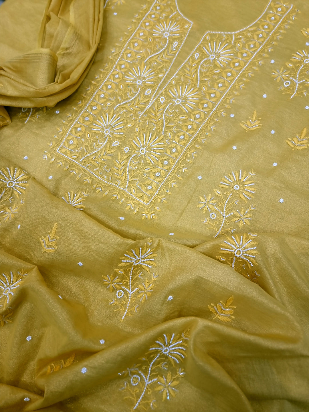 Soft Tissue Chikankari Unstitched Dress Material | 3 Taar Hand Embroidery with Pearl & Cutdana Work + Golden Border Dupatta