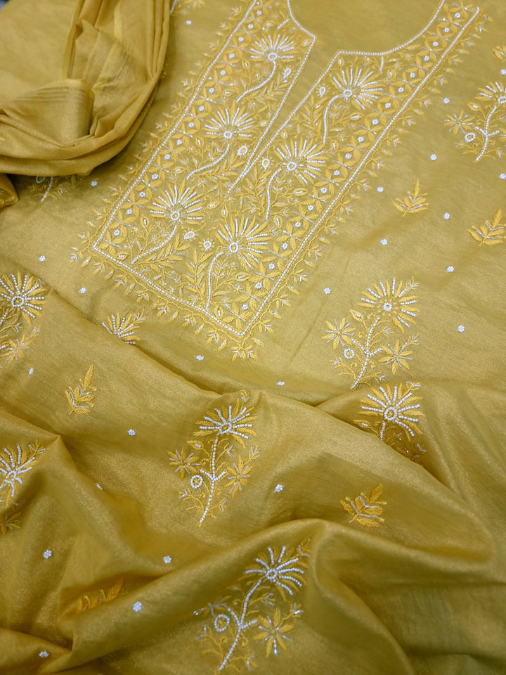 Soft Tissue Chikankari Unstitched Dress Material | 3 Taar Hand Embroidery with Pearl & Cutdana Work + Golden Border Dupatta
