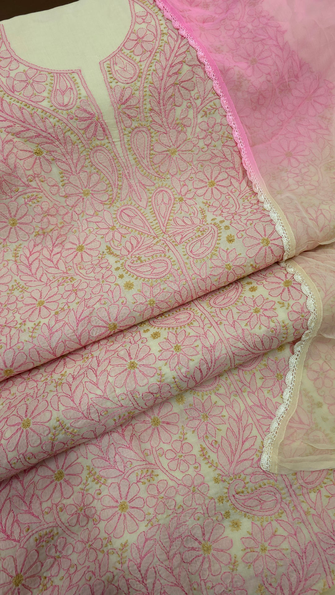 Lucknow Chikankari Hand Embroidered Cotton Dress Material with Tri-Color Motifs & Pure Chiffon Dupatta