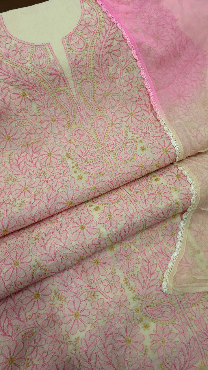 Lucknow Chikankari Hand Embroidered Cotton Dress Material with Tri-Color Motifs & Pure Chiffon Dupatta