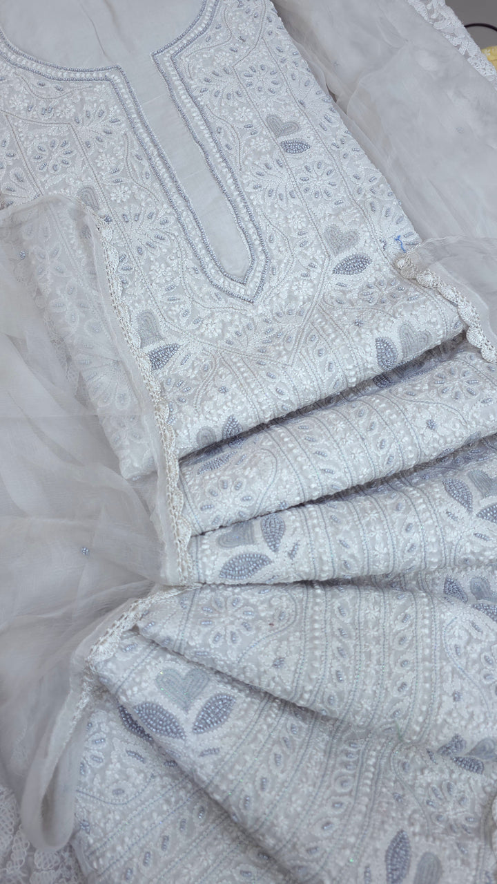 Paridhan Chikan Cotton Chikankari Unstitched Dress Material – 3 Pc Suit Set with Hand Embroidery & Pearl Work in Every Motif