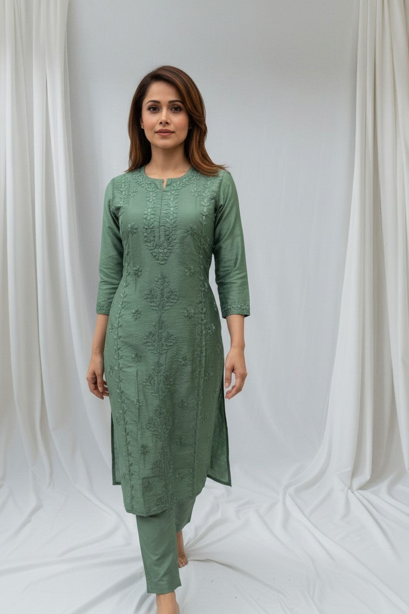 Heena Chanderi Chikankari Kurti – 100% Hand Embroidered, Non-Transparent