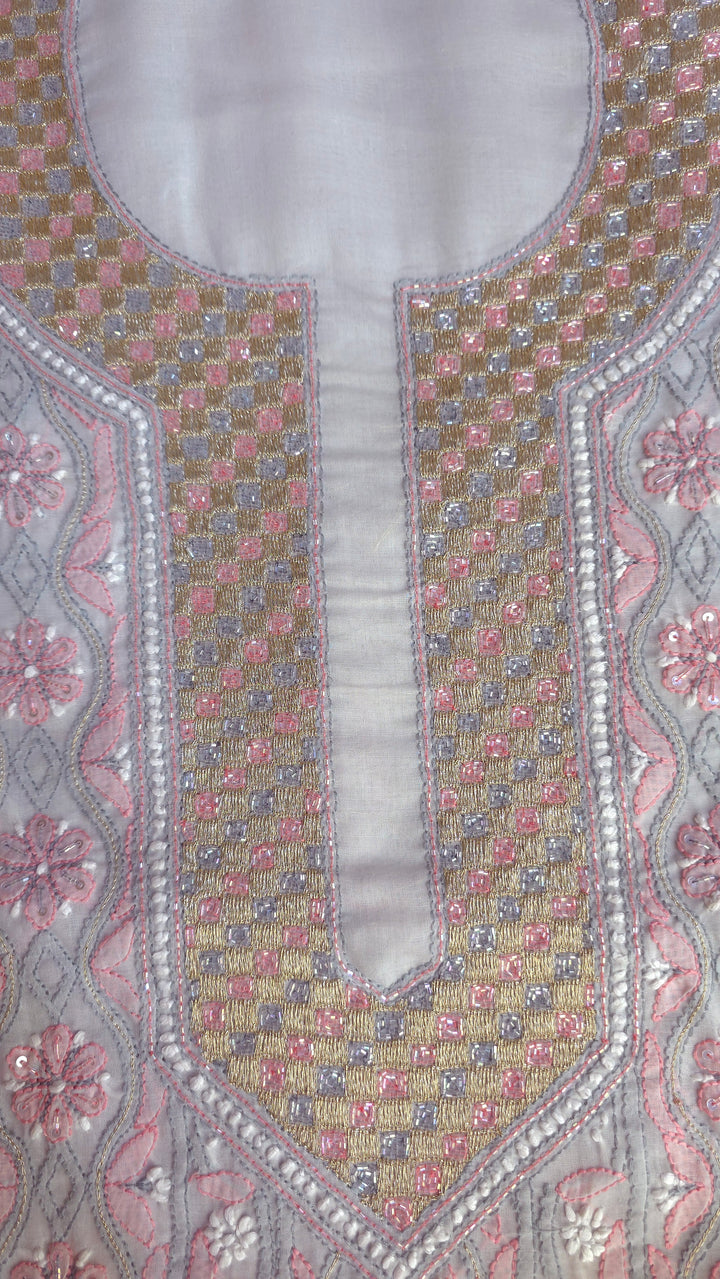 Afreen Premium Hand Embroidered Chikankari Cotton Unstitched Dress Material with Pure Chiffon Dupatta
