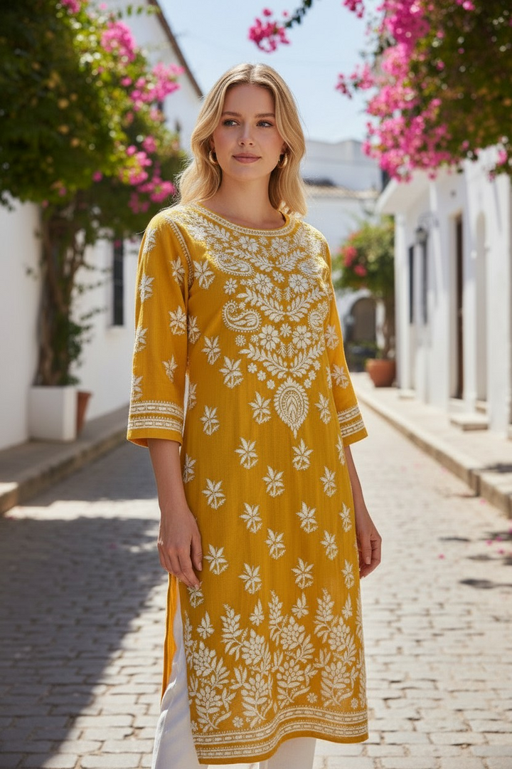 Modal Chikankari Hand Embroidered Kurti for Women | Premium Soft & Non-Transparent Fabric | 46 Inch Length | Lucknowi Chikan Kurta