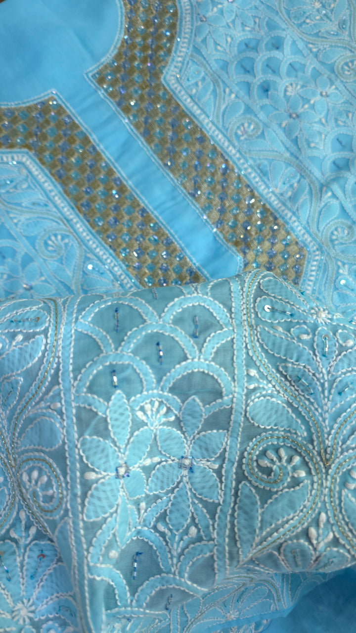 Afreen Premium Hand Embroidered Chikankari Cotton Unstitched Dress Material with Pure Chiffon Dupatta