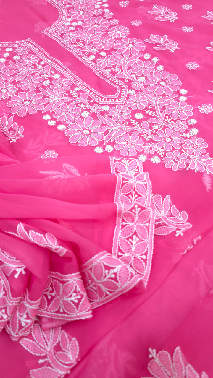 Lucknowi Georgette Chikankari Dress Material – Hand Embroidery Kurta, Bottom & Dupatta | Festive Queen Shades