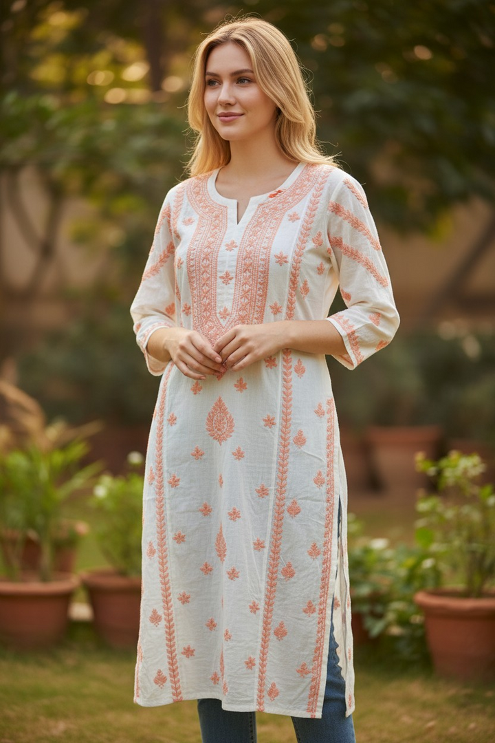 Modal Chikankari Hand Embroidered Kurti for Women | Premium Soft & Non-Transparent Fabric | 46 Inch Length | Lucknowi Chikan Kurta