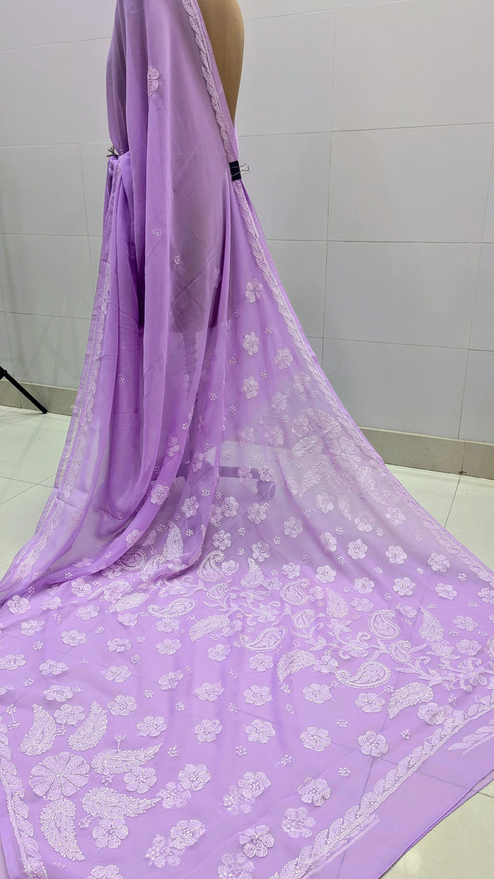 Faux Georgette Hand Chikankari Saree with Exclusive Border & Palla Design | Embroidered Blouse Included | Authentic Lucknow Handicraft by Paridhan Chikan
