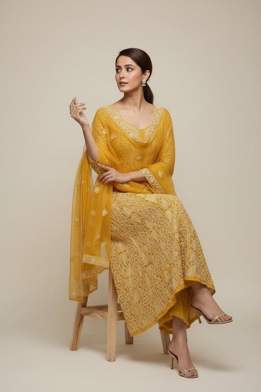 Unstitched Georgette Chikankari Dress Material | Hand Embroidered Kurta, Bottom & Dupatta