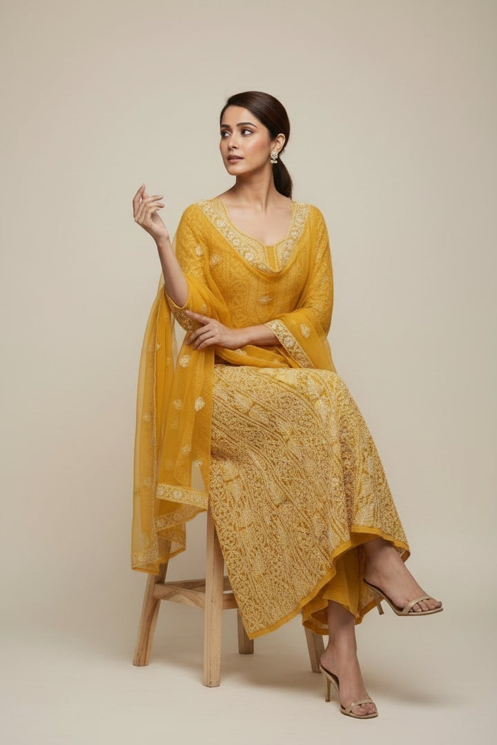 Unstitched Georgette Chikankari Dress Material | Hand Embroidered Kurta, Bottom & Dupatta