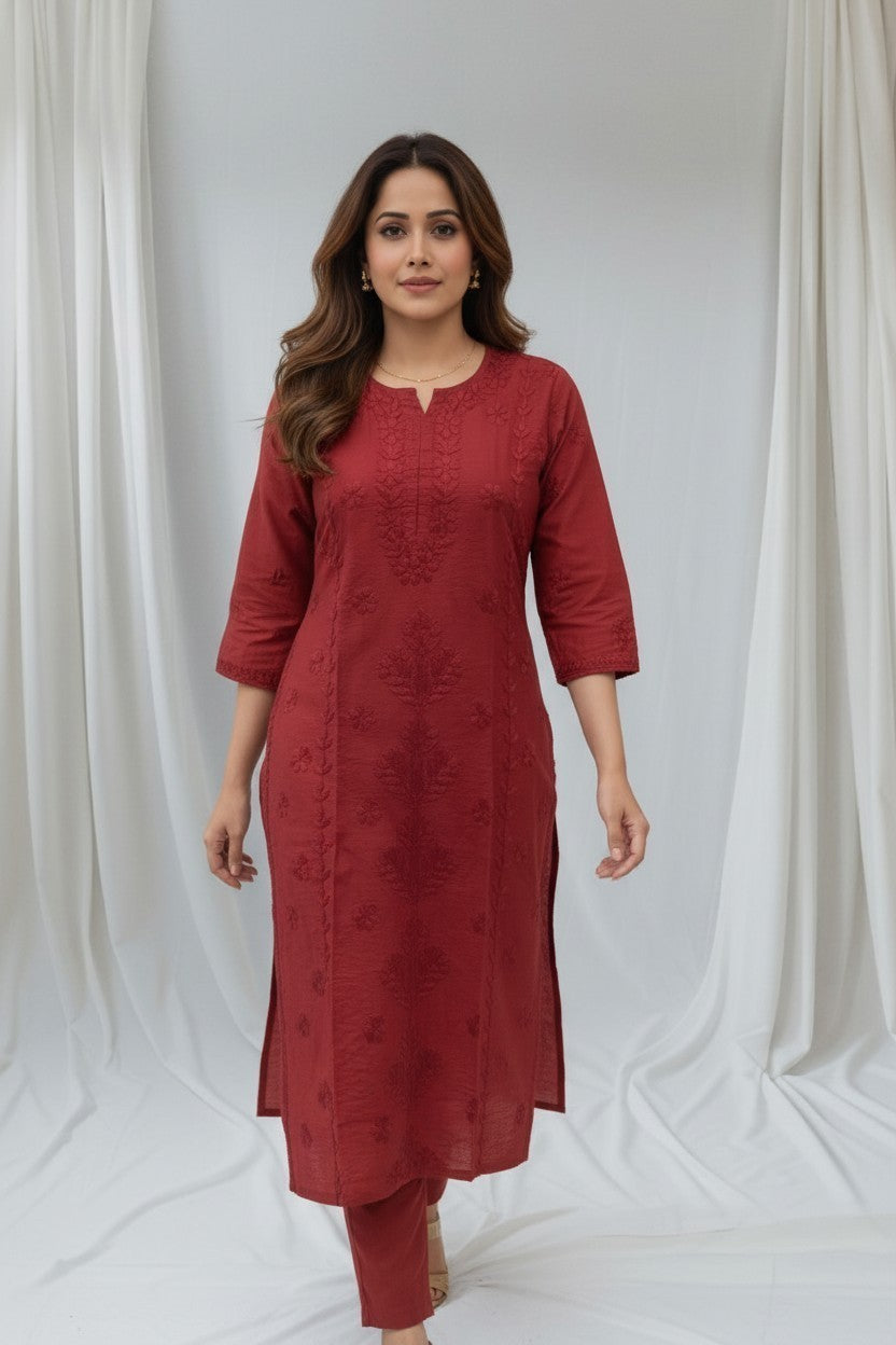Heena Chanderi Chikankari Kurti – 100% Hand Embroidered, Non-Transparent