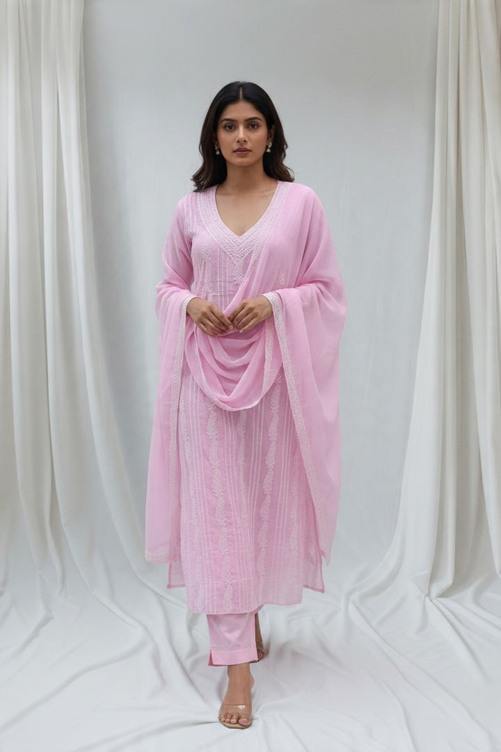 Unstitched Georgette Chikankari Dress Material | Hand Embroidered Kurta, Bottom & Dupatta