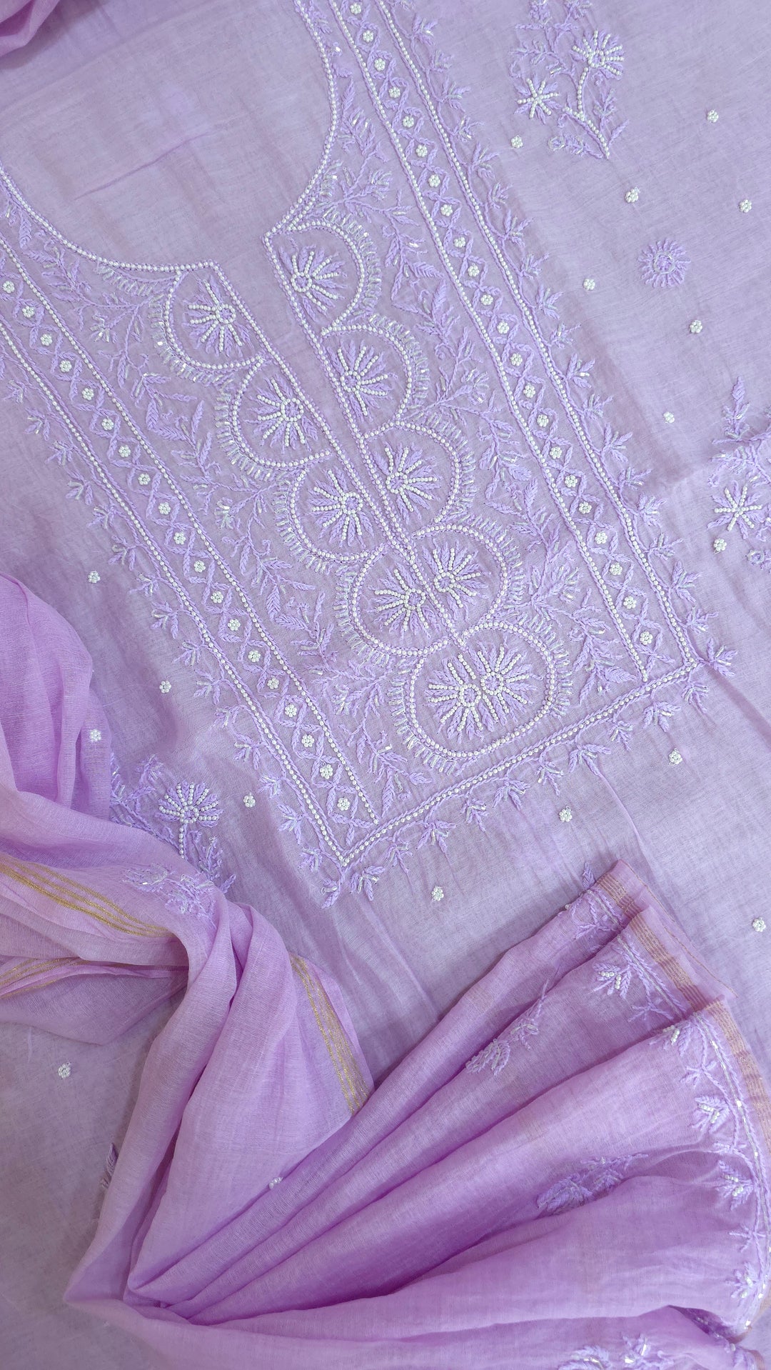Hiba Premium Mul Chanderi Supersoft Dyeable Chikankari Dress Material | Hand Embroidered with Pearls & Cutdaana | Kurta & Dupatta Set