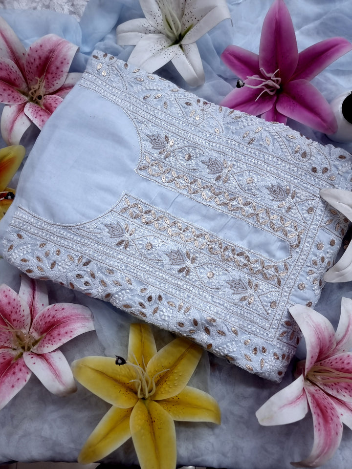Powder Blue Unstitched Soft Cotton Chikankari Suit Set – Aari, Kasab & Gotta Patti Embellished with Pure Chiffon Dupatta