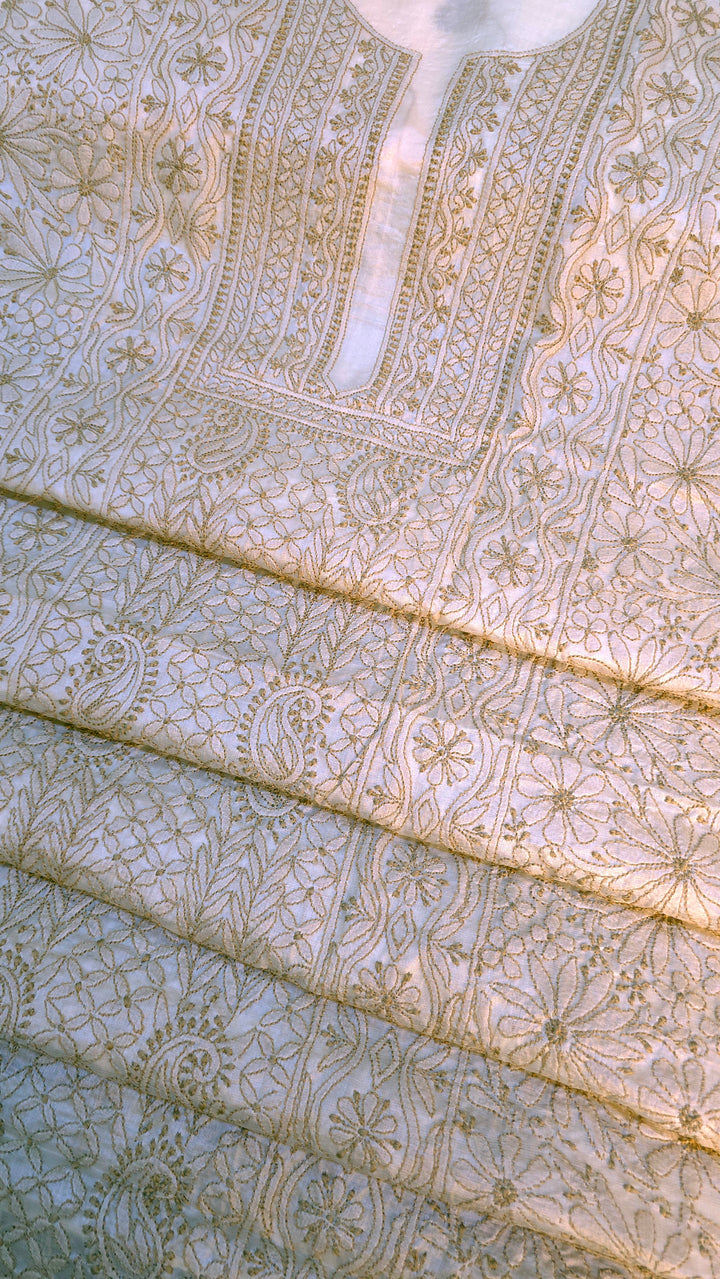 Pure Paper Silk Chikankari Fabric | Full Jaal Hand Embroidery Kurta Fabric for Women