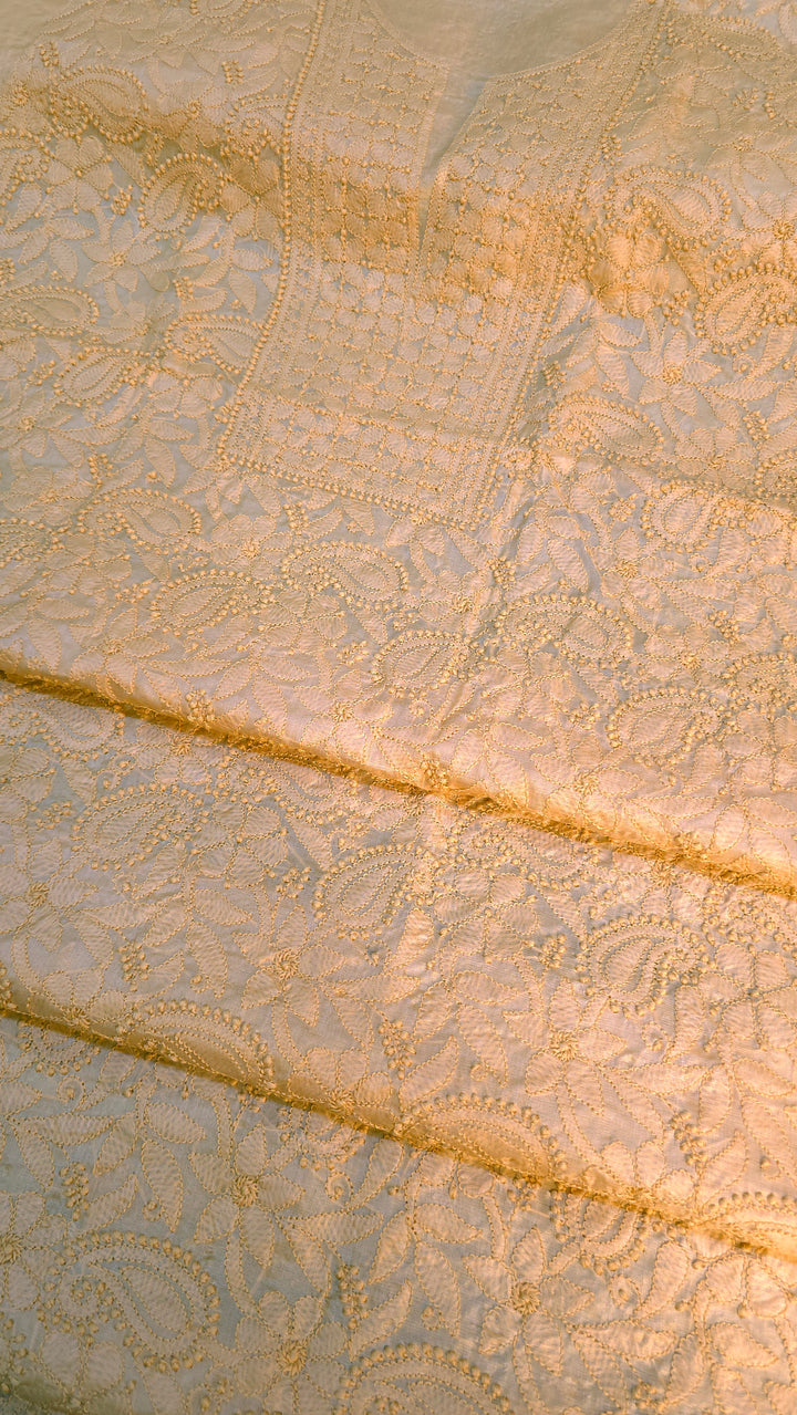 Pure Paper Silk Chikankari Fabric | Full Jaal Hand Embroidery Kurta Fabric for Women