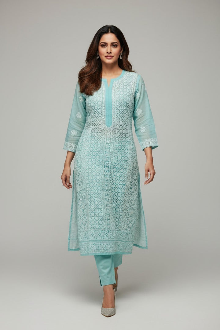 Mahi Women's Chikankari Georgette Full Embroidered Kurta | Hand Embroidered Lucknowi Ethnic Wear