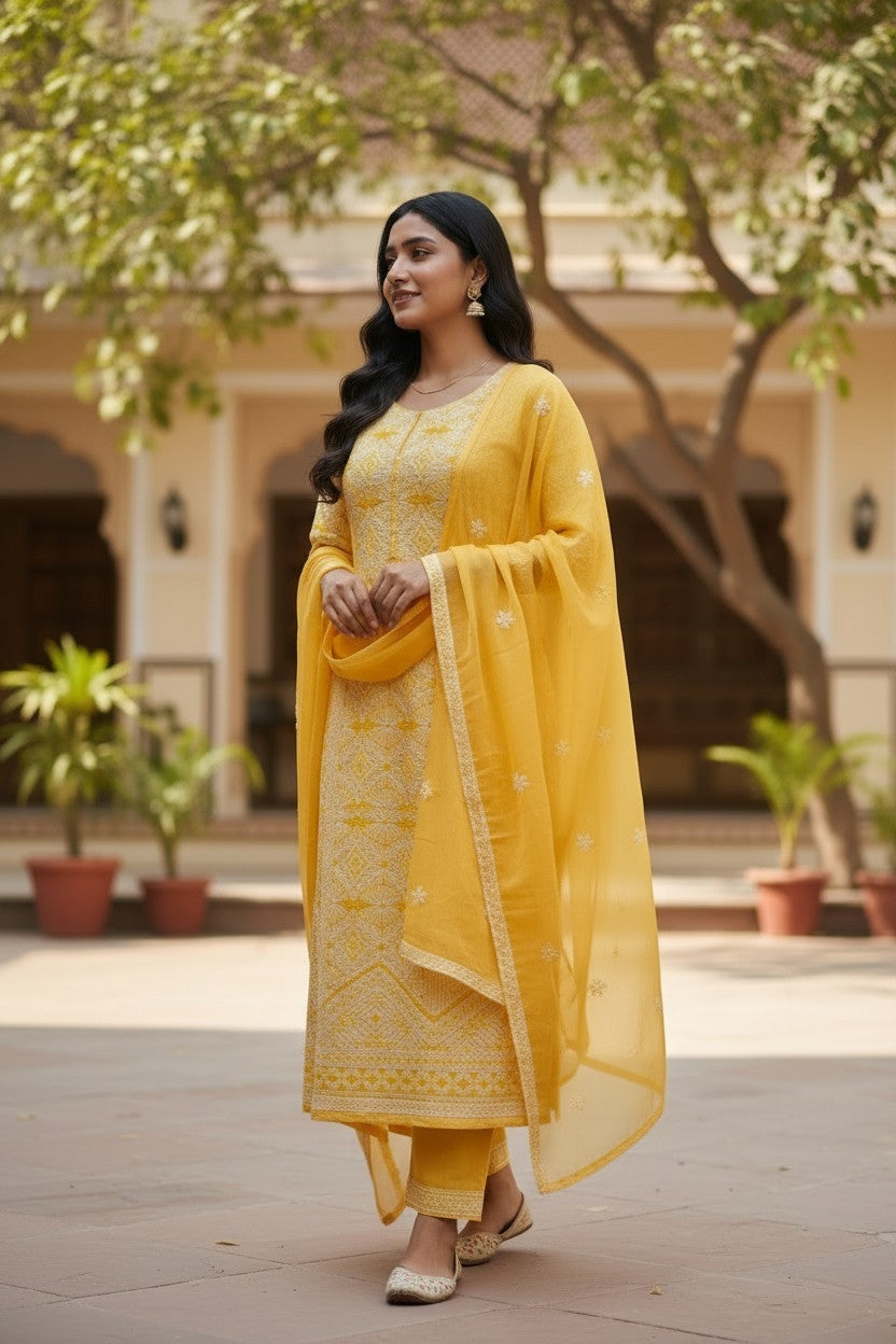 Unstitched Georgette Chikankari Dress Material | Hand Embroidered Kurta, Bottom & Dupatta