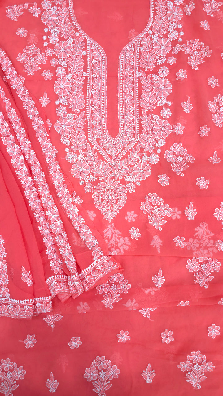 Lucknowi Georgette Chikankari Dress Material – Hand Embroidery Kurta, Bottom & Dupatta | Festive Queen Shades