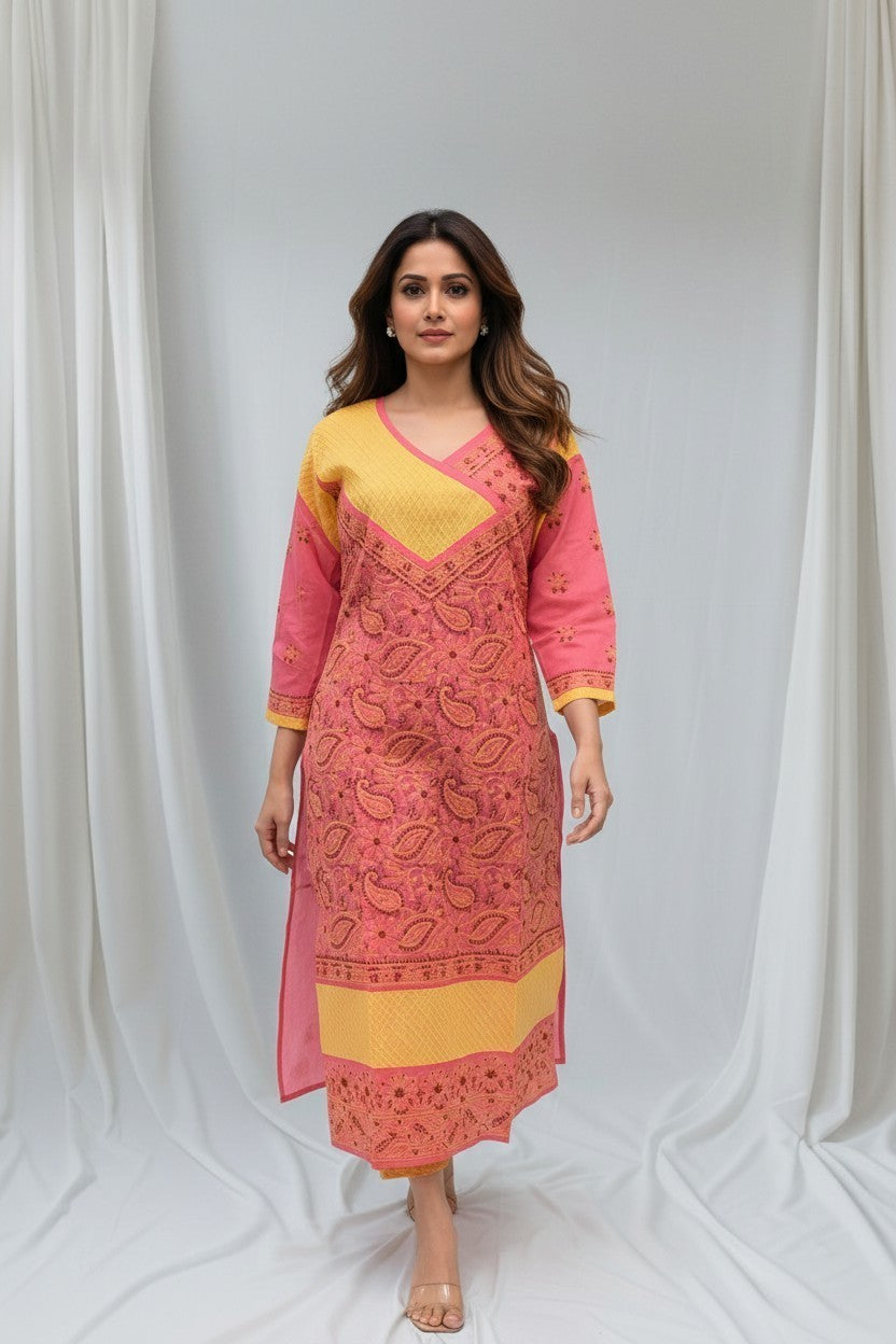 Jia Cotton Chikankari Hand Embroidered Kurti for Women | Premium  | 48 Inch approx Length | Lucknowi Chikan Kurta