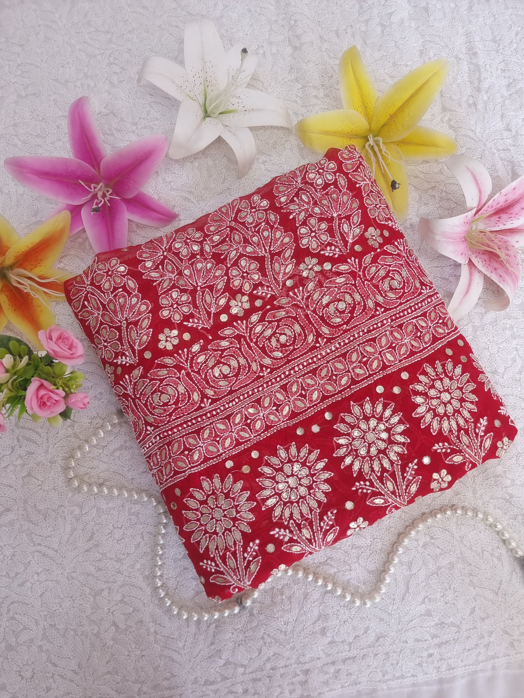 (Copy) Georgette Chikankari Saree - red