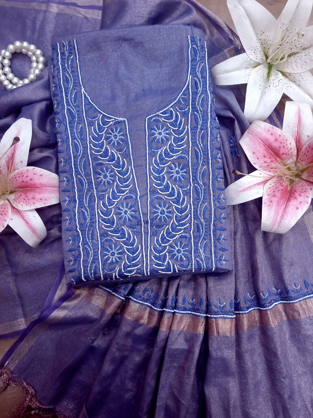hand embroidered dress material Linen Hand Embroidered Multi Color Dress material With dupatta (Search Bhagalpuri Textile