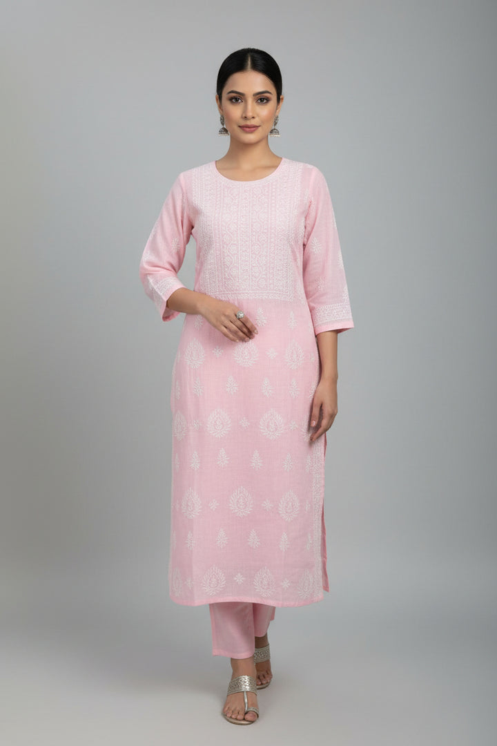 Pure Cotton Linen Lucknowi Chikankari Long Kurti | 100% Hand Embroidered | Non-Transparent | No Shrinkage