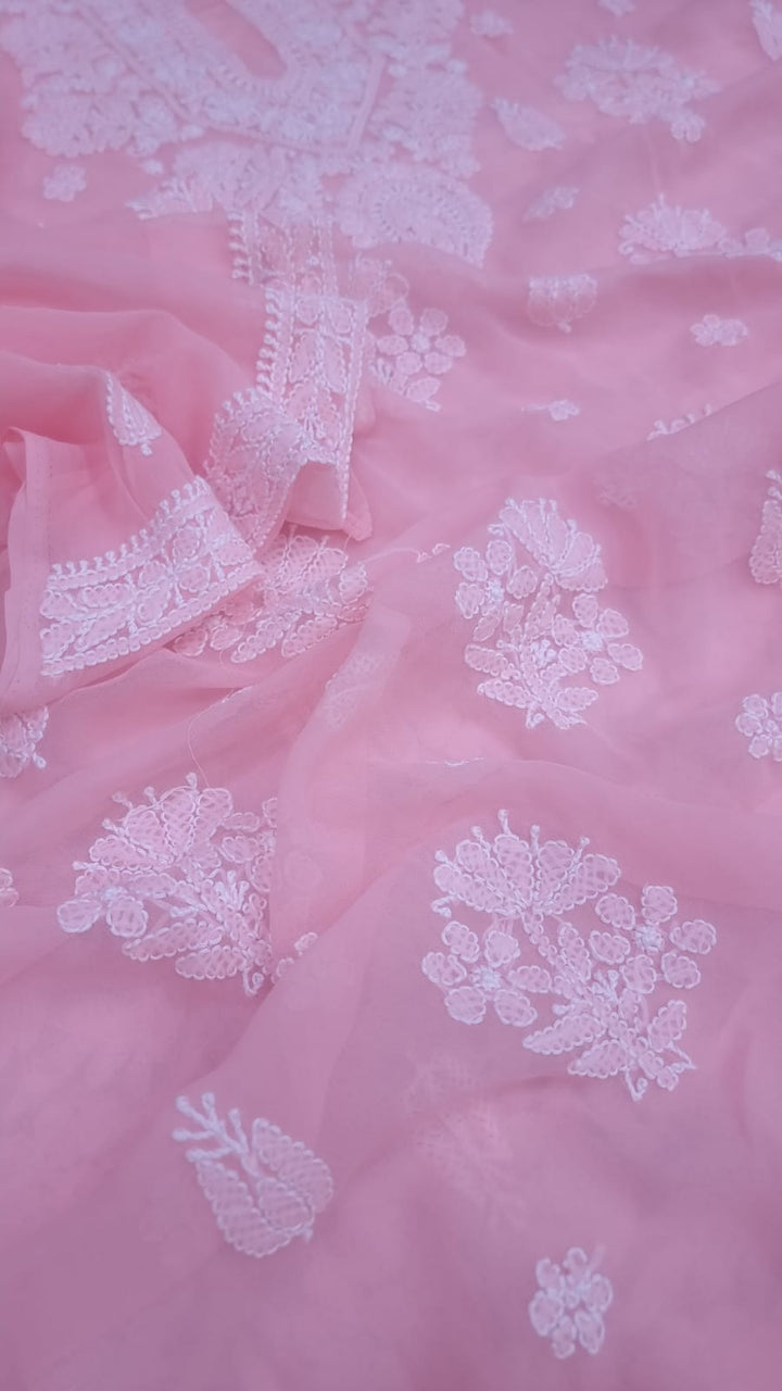 Lucknowi Georgette Chikankari Dress Material – Hand Embroidery Kurta, Bottom & Dupatta | Festive Queen Shades