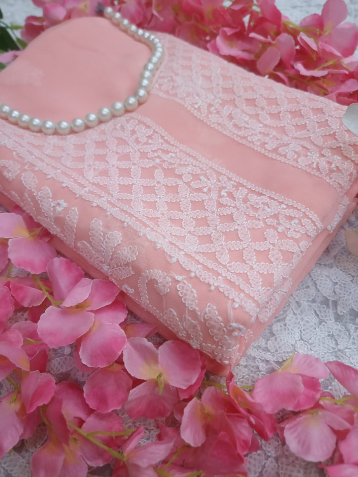 Lucknowi Georgette Chikankari Dress Material – Hand Embroidery Kurta, Bottom & Dupatta | Festive Queen Shades