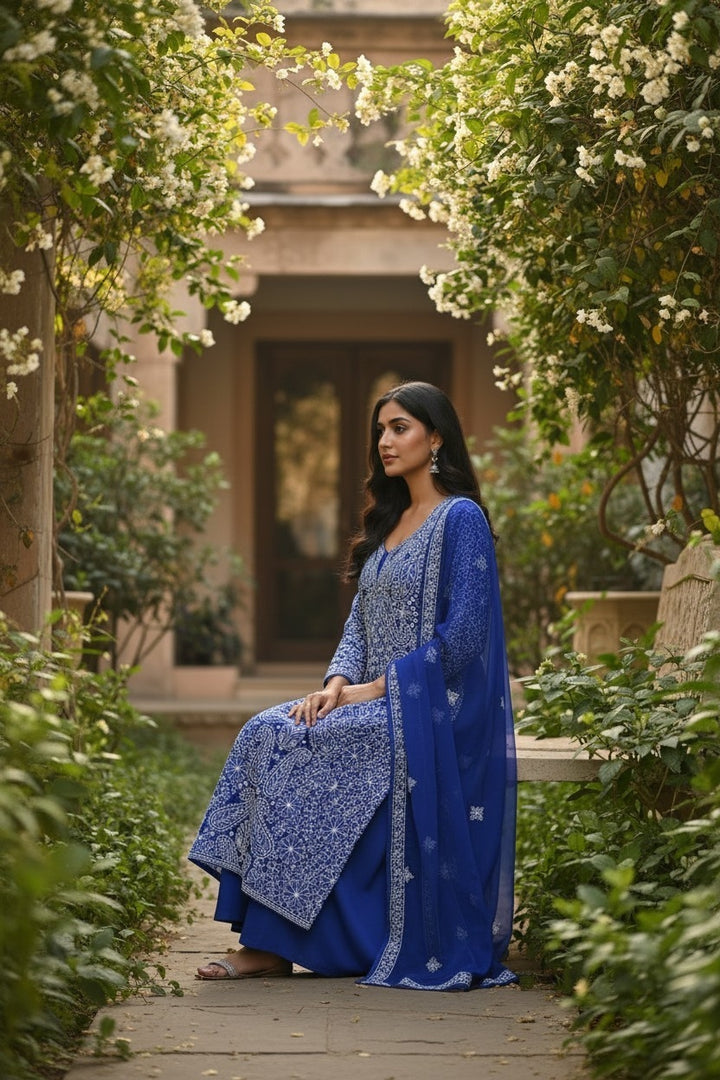 Unstitched Georgette Chikankari Dress Material | Hand Embroidered Kurta, Bottom & Dupatta