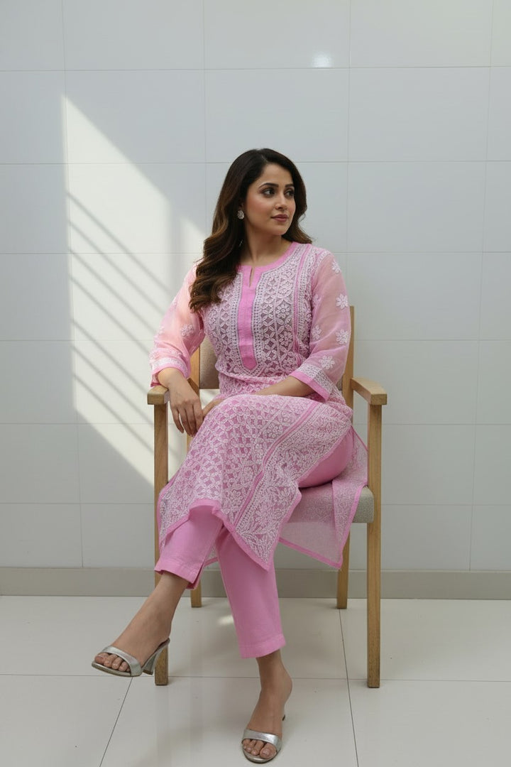 Mahi Women's Chikankari Georgette Full Embroidered Kurta | Hand Embroidered Lucknowi Ethnic Wear