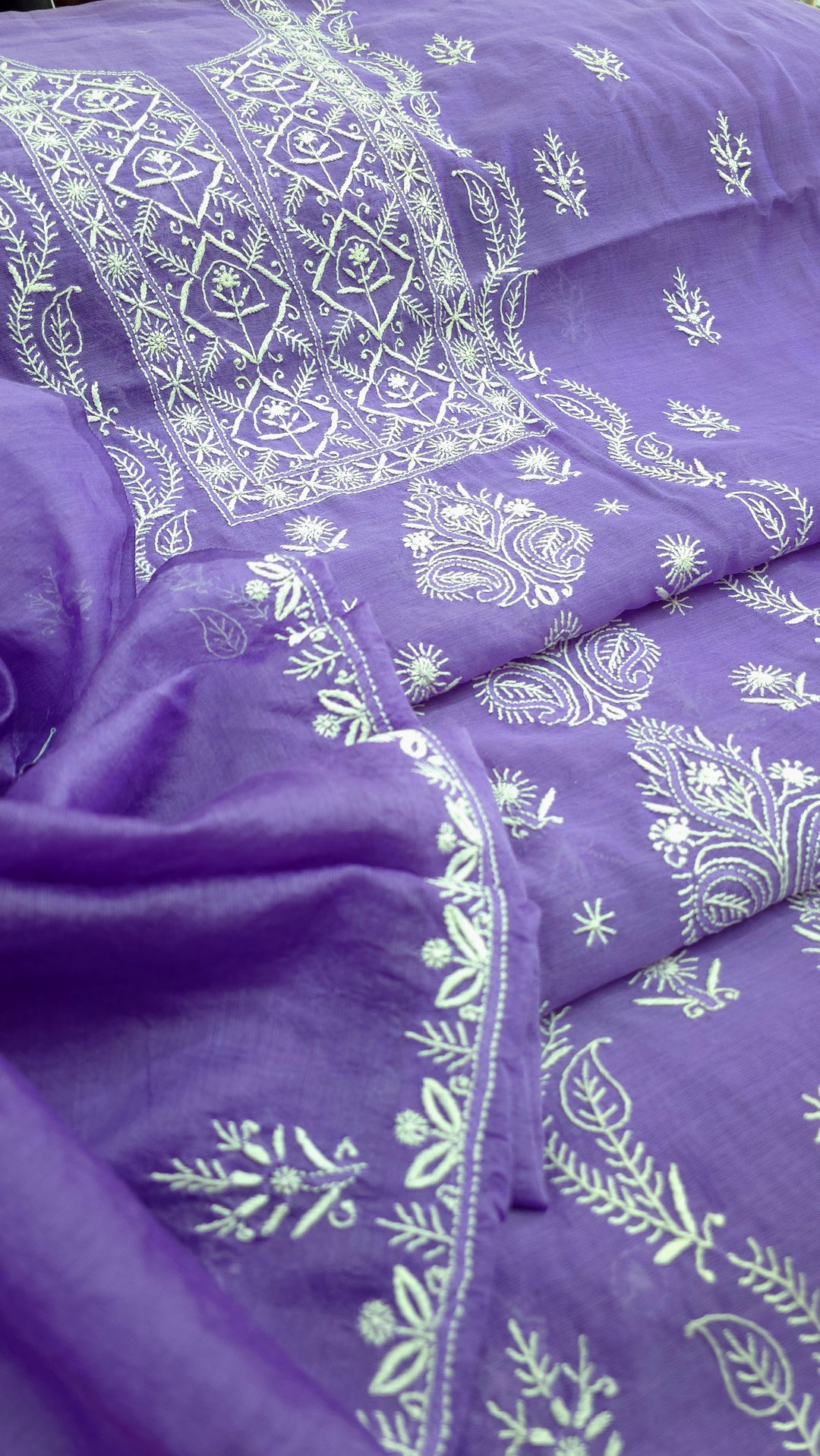 Lucknowi 2 Taar Chikankari Chanderi Kurta Dupatta Set – Handmade Festive Wear