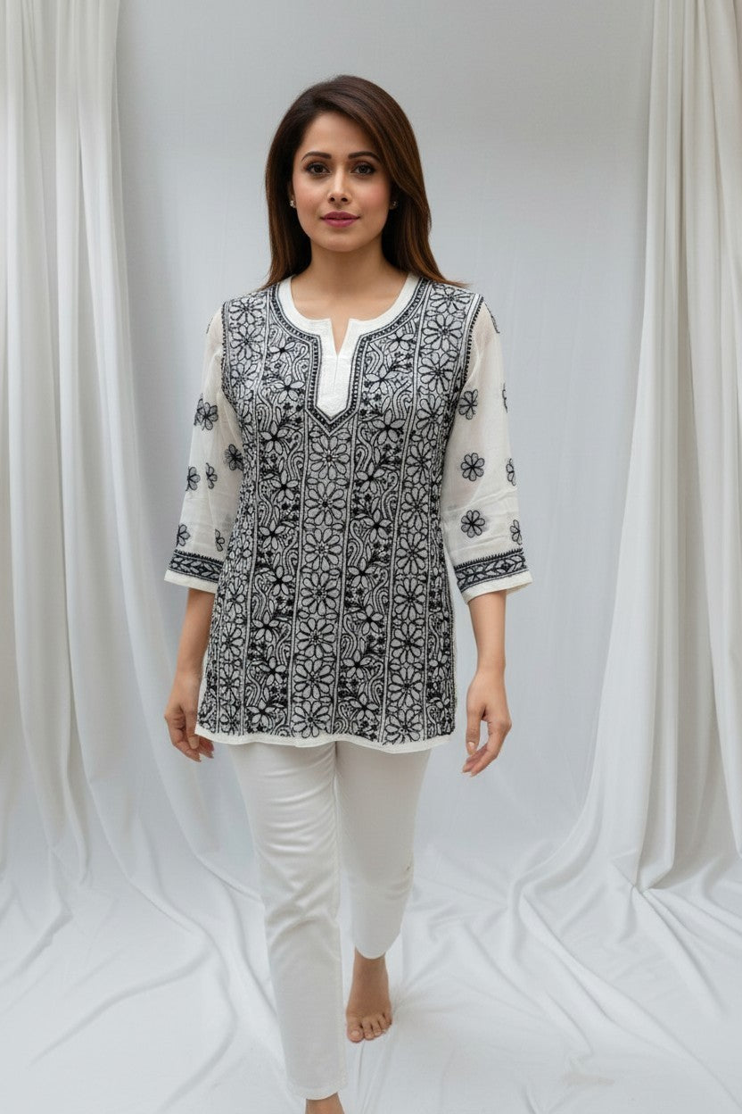 Siya Premium Faux Georgette Chikankari short  Top |28" approx long/Lucknow Hand Embroidery  | Paridhan Chikan