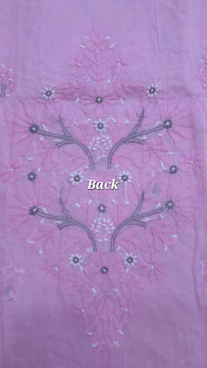 Lucknow Chikankari Hand Embroidered Cotton Dress Material with Tri-Color Motifs & Pure Chiffon Dupatta