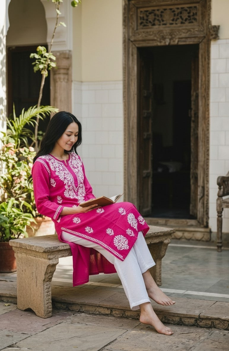 Deepika Rayon Lucknow Chikankari Long Kurti | 100% Authentic Hand Embroidery | Super Soft & Non-Transparent