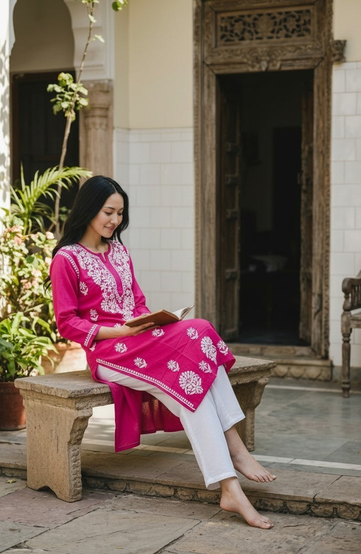 Deepika Rayon Lucknow Chikankari Long Kurti | 100% Authentic Hand Embroidery | Super Soft & Non-Transparent
