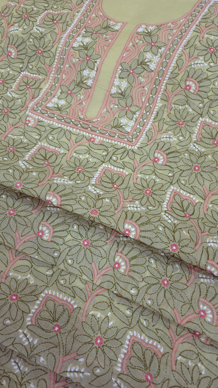 Lucknow Chikankari Hand Embroidered Cotton Dress Material with Tri-Color Motifs & Pure Chiffon Dupatta