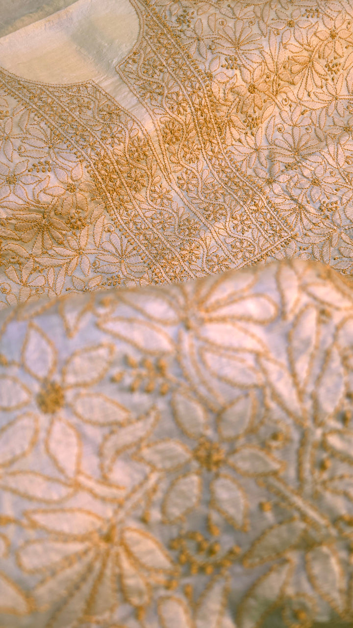 Pure Paper Silk Chikankari Fabric | Full Jaal Hand Embroidery Kurta Fabric for Women